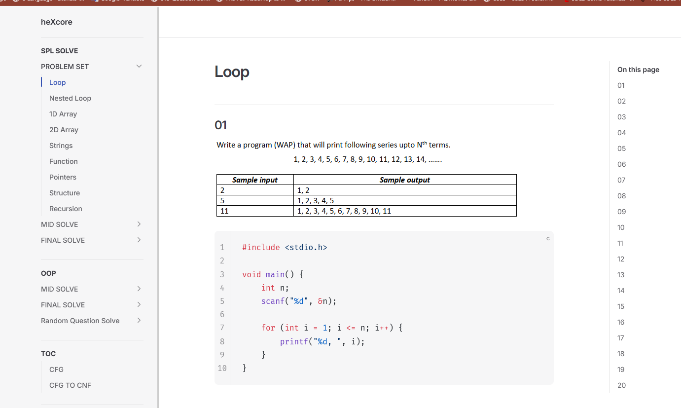 HexSolve programming solutions site showing a loop problem, sample input and output, C solution code, and topic navigation.