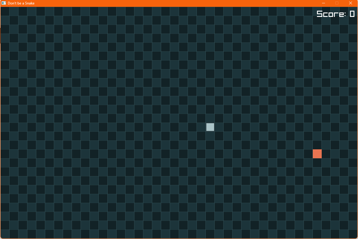 Don’t Be a Snake gameplay showing the snake and food on a dark tiled grid, with the score in the corner.