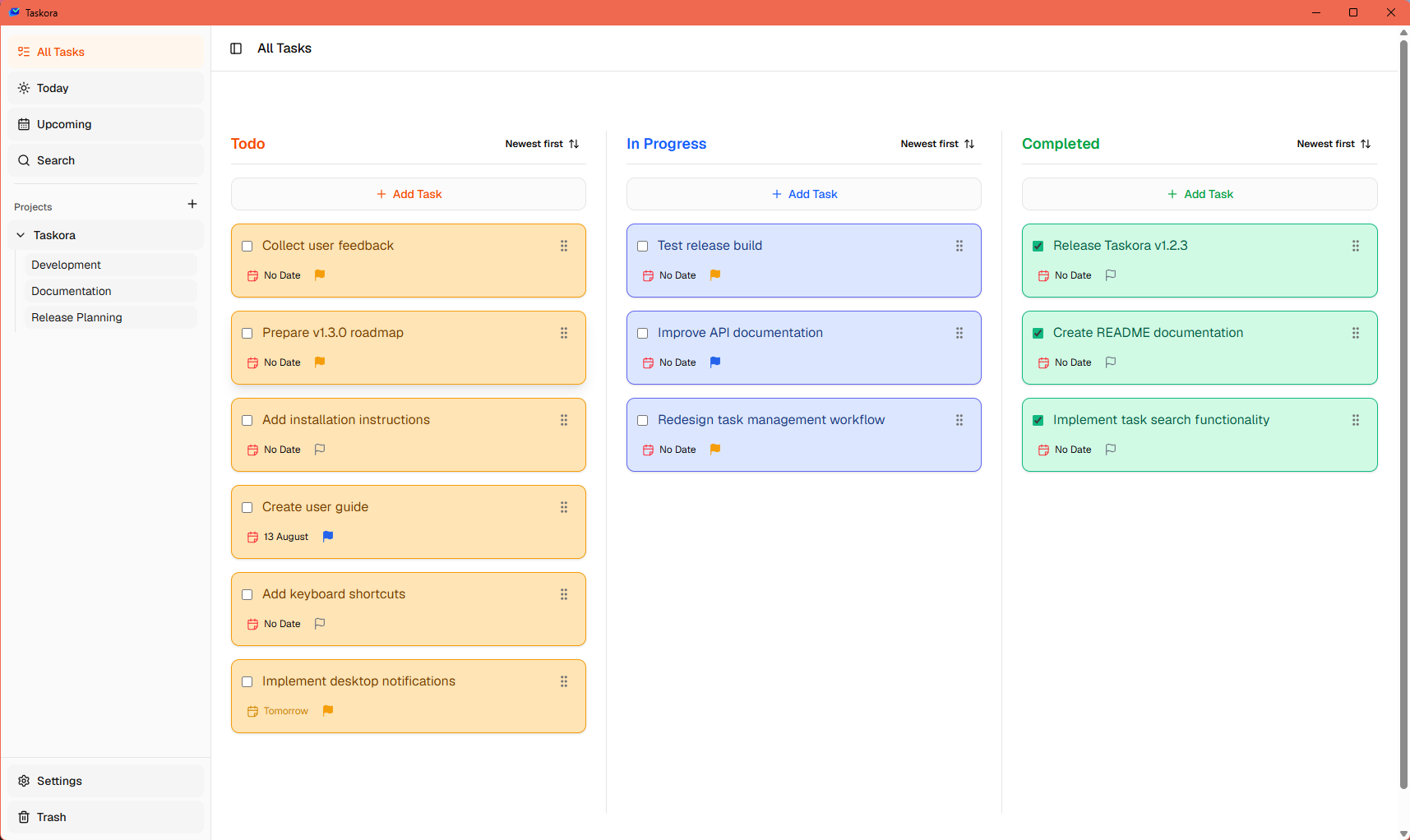 Taskora desktop app with a project sidebar and Todo, In Progress, and Completed Kanban columns.